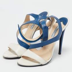 Prada Blue/White Leather Ankle Strap Sandals Size 39.5