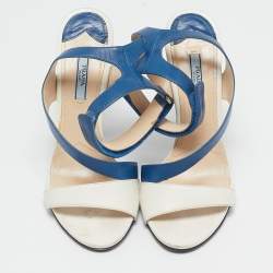 Prada Blue/White Leather Ankle Strap Sandals Size 39.5