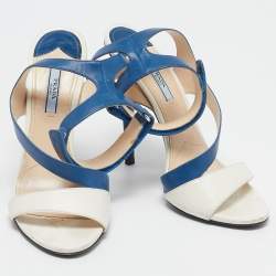 Prada Blue/White Leather Ankle Strap Sandals Size 39.5