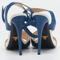 Prada Blue/White Leather Ankle Strap Sandals Size 39.5