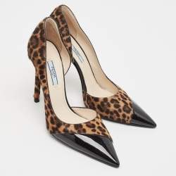Prada Brown Leopard Print Calfhair and Patent Leather D'orsay Pumps Size 39.5