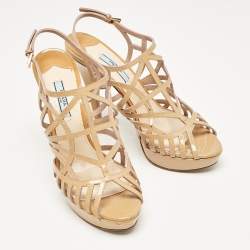 Pre Owned Prada Beige Patent Leather Caged Platform Sandals Size 38.5