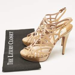 Pre Owned Prada Beige Patent Leather Caged Platform Sandals Size 38.5