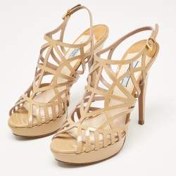 Pre Owned Prada Beige Patent Leather Caged Platform Sandals Size 38.5