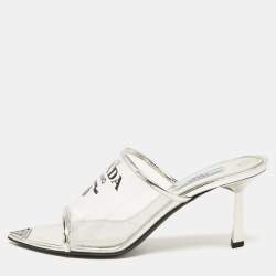 Pre Owned Prada Silver Leather and Logo Print PVC Plexiglas Slide Sandals Size 37.5