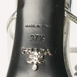 Pre Owned Prada Silver Leather and Logo Print PVC Plexiglas Slide Sandals Size 37.5
