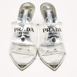 Pre Owned Prada Silver Leather and Logo Print PVC Plexiglas Slide Sandals Size 37.5