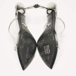 Pre Owned Prada Silver Leather and Logo Print PVC Plexiglas Slide Sandals Size 37.5