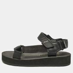 Prada Black Leather and Canvas Tape Strap Flat Sandals Size 38