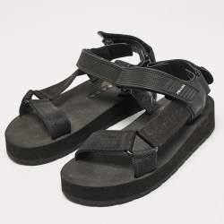 Prada Black Leather and Canvas Tape Strap Flat Sandals Size 38