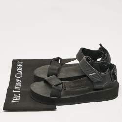 Prada Black Leather and Canvas Tape Strap Flat Sandals Size 38