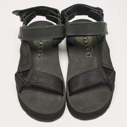 Prada Black Leather and Canvas Tape Strap Flat Sandals Size 38