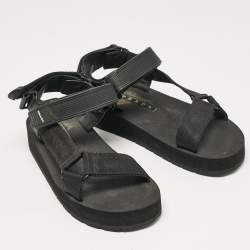 Prada Black Leather and Canvas Tape Strap Flat Sandals Size 38