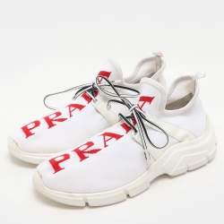 Prada White/Red Knit Fabric Low Top Sneakers Size 38