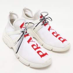 Prada White/Red Knit Fabric Low Top Sneakers Size 38