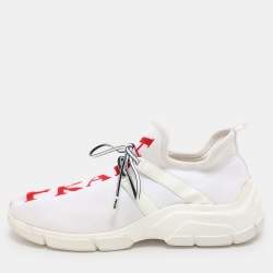 Prada White/Red Knit Fabric Low Top Sneakers Size 38