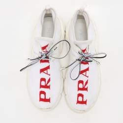 Prada White/Red Knit Fabric Low Top Sneakers Size 38