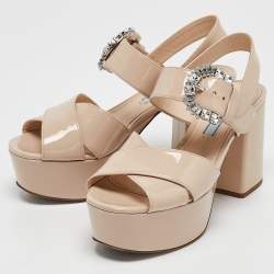 Prada Beige Patent Leather Crystal Buckle Ankle Strap Sandals Size 36