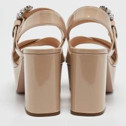Prada Beige Patent Leather Crystal Buckle Ankle Strap Sandals Size 36