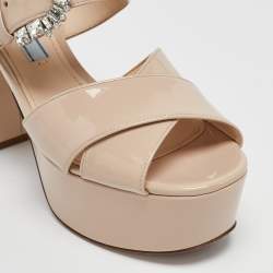 Prada Beige Patent Leather Crystal Buckle Ankle Strap Sandals Size 36