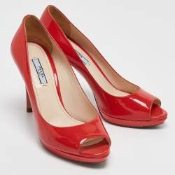 Prada Coral Pink Patent Leather Peep Toe Pumps Size 38