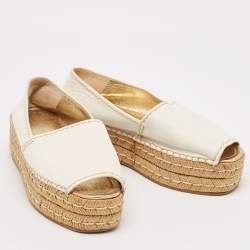 Prada White Leather Peep Toe Platform Espadrille Flats Size 38