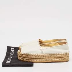 Prada White Leather Peep Toe Platform Espadrille Flats Size 38