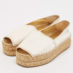 Prada White Leather Peep Toe Platform Espadrille Flats Size 38
