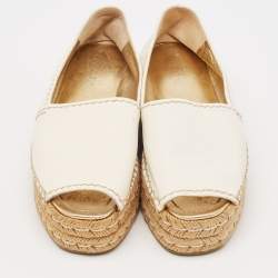 Prada White Leather Peep Toe Platform Espadrille Flats Size 38