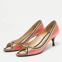 Pre Owned Prada Multicolor Leather and Satin Peep Toe Pumps Size 41