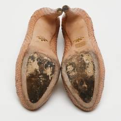 Pre Owned Prada Brown Woven Leather Madras Platform Pumps Size 37.5