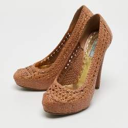 Pre Owned Prada Brown Woven Leather Madras Platform Pumps Size 37.5