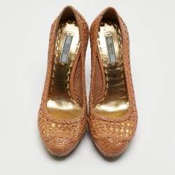 Pre Owned Prada Brown Woven Leather Madras Platform Pumps Size 37.5
