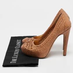 Pre Owned Prada Brown Woven Leather Madras Platform Pumps Size 37.5