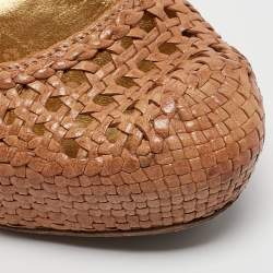 Pre Owned Prada Brown Woven Leather Madras Platform Pumps Size 37.5