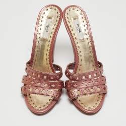 Prada Pink Leather Embellished Slip On Sandals Size 38.5