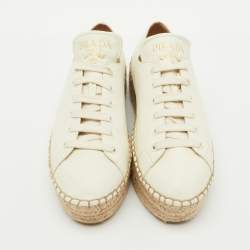Pre Owned Prada White Leather Platform Espadrille Lace Up Sneakers Size 38