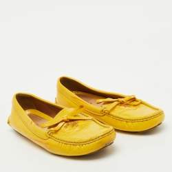 Prada Mustard Yellow Patent Leather Bow Slip On Loafers Size 37.5
