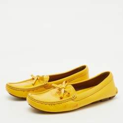 Prada Mustard Yellow Patent Leather Bow Slip On Loafers Size 37.5