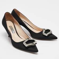 Pre Owned Prada Black Satin Crystal Embellished Pointed Toe Pumps Size 36
