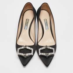 Pre Owned Prada Black Satin Crystal Embellished Pointed Toe Pumps Size 36