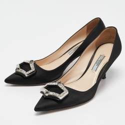 Pre Owned Prada Black Satin Crystal Embellished Pointed Toe Pumps Size 36