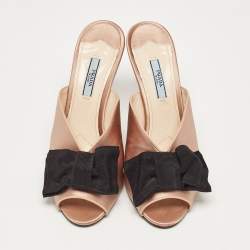 Prada Dusty Pink/Black Satin and Grosgrain Bow Peep Toe Mules Size 39