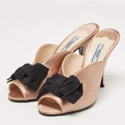 Prada Dusty Pink/Black Satin and Grosgrain Bow Peep Toe Mules Size 39