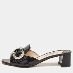 Prada Black Patent Leather Crystal Embellished Slide Sandals Size 38.5