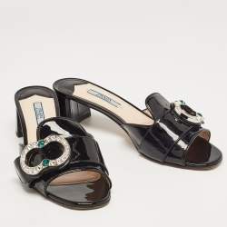 Prada Black Patent Leather Crystal Embellished Slide Sandals Size 38.5