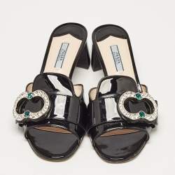 Prada Black Patent Leather Crystal Embellished Slide Sandals Size 38.5