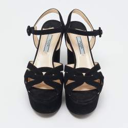 Prada Black Suede Ankle Strap Platform Sandals Size 36.5