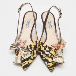 Pre Owned حذاء كعب عالي برادا جلد أسود/أصفر مزين فيونكة فتحة كعب مقاس 41