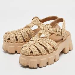 Pre Owned Prada Beige Raffia Monolith Sandals Size 39